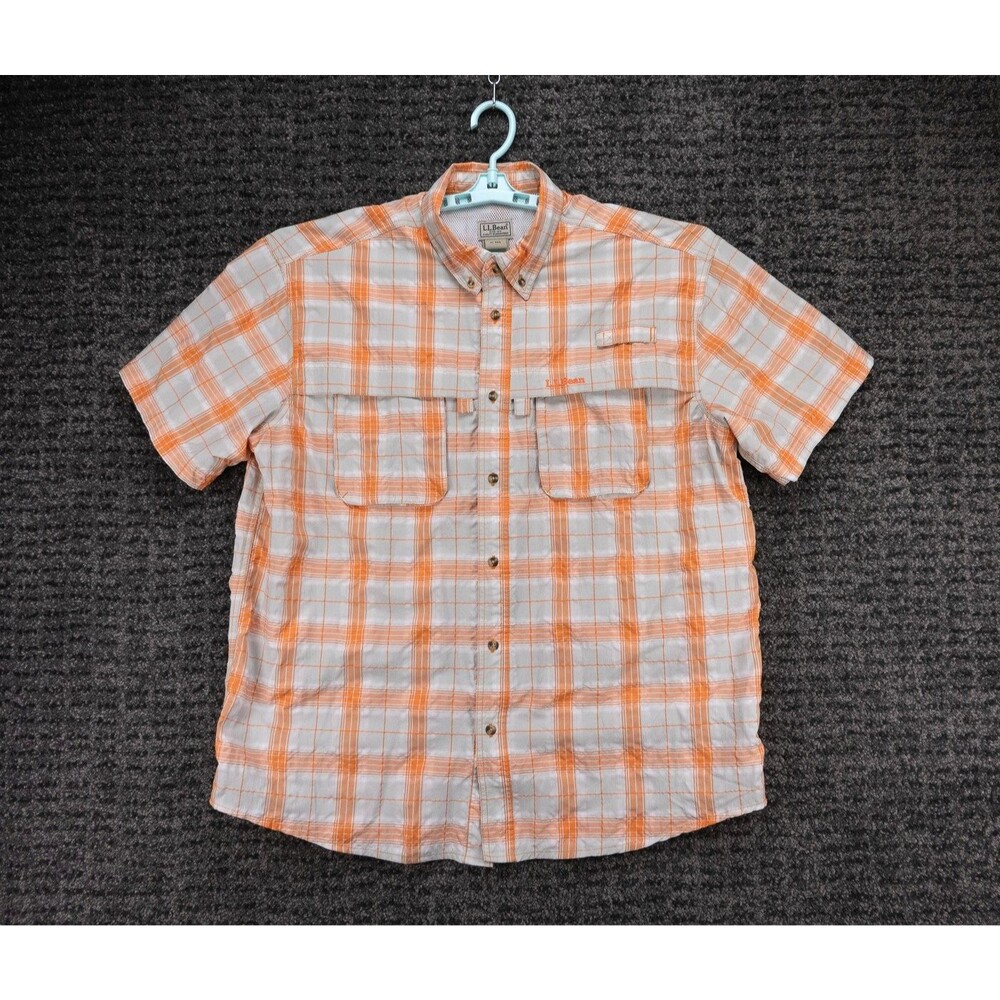 LL Bean Shirt Mens XL Orange Gray Plaid Tropicwear Short Sleeve Fishing Hiking